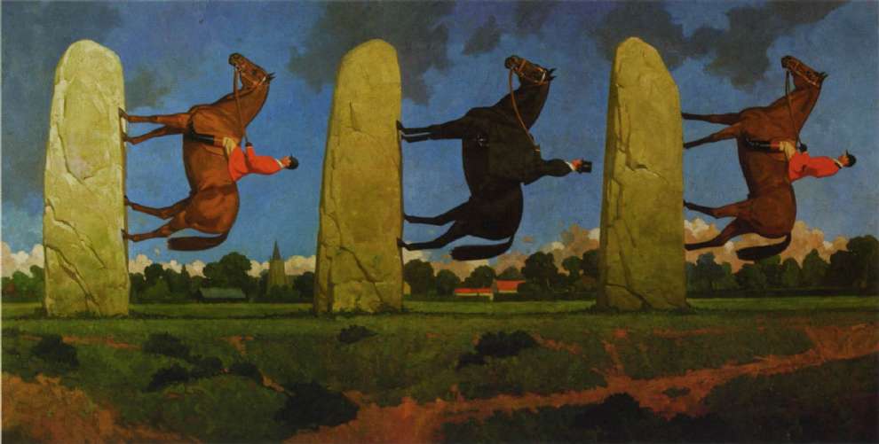 Paul Slater, Hand painted absurd illustration of horse rider on a  standing stone